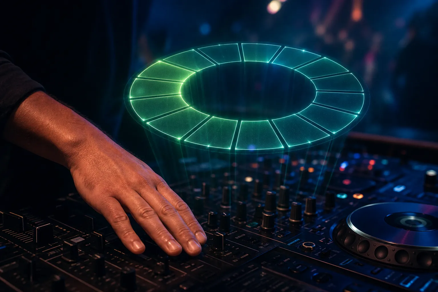 A DJ's hand on a mixer beneath a glowing twelve-segment key wheel